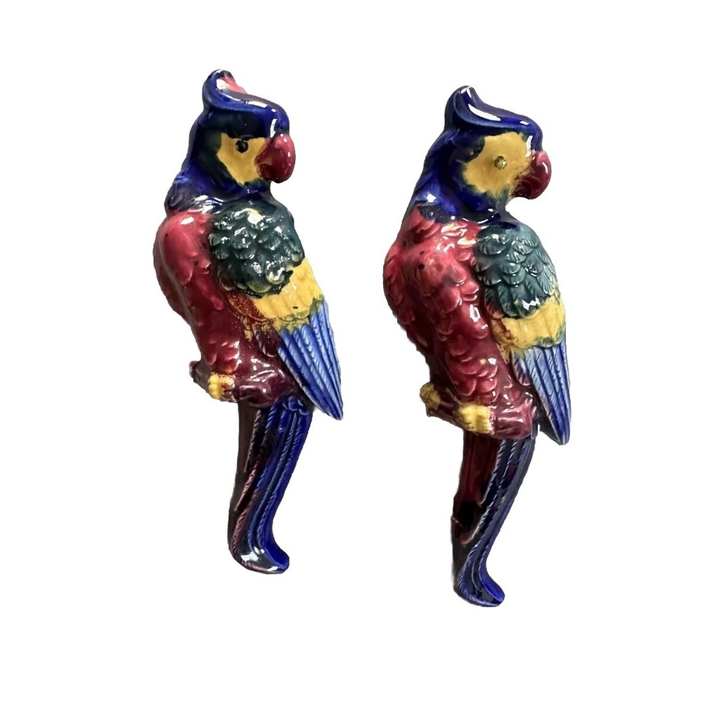 Hand Painted Parrots Japanese Majolica Hanging Wall Pockets As Is See-pic